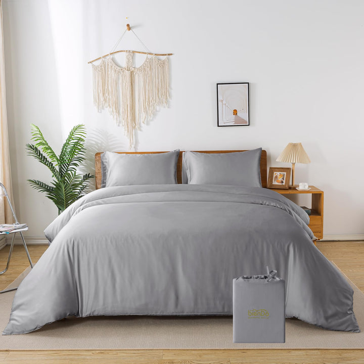 Bettwäsche 200x200, 3 Teilig, Grau, Bambus - Vegane Seide, Luxus Bettbezug und Kissenbezüge Set, Küh