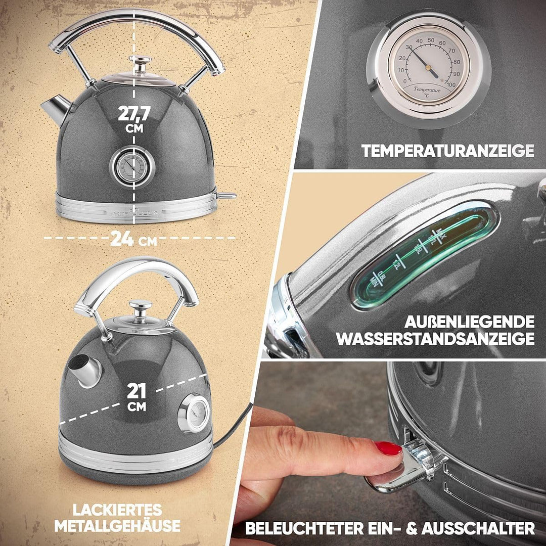 ProfiCook® Wasserkocher 1,7L im stilvollen Vintage-Design - Retro Wasserkocher mit massivem Metallge