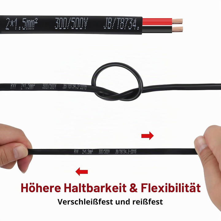 AOHEWEI 2×1,5 mm² Flaches Zweileiterkabel 2-adriges Kupfer-Elektrokabel 5V 12V 24V 60V, Dünnwandiges