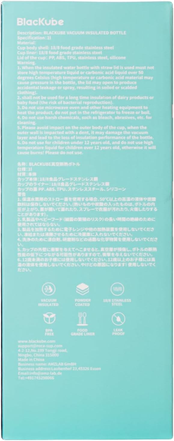 Blackube Edelstahl Trinkflasche mit Strohhalm-trinkflasche 1l-Thermosflasche Thermoskanne - BPA-Frei