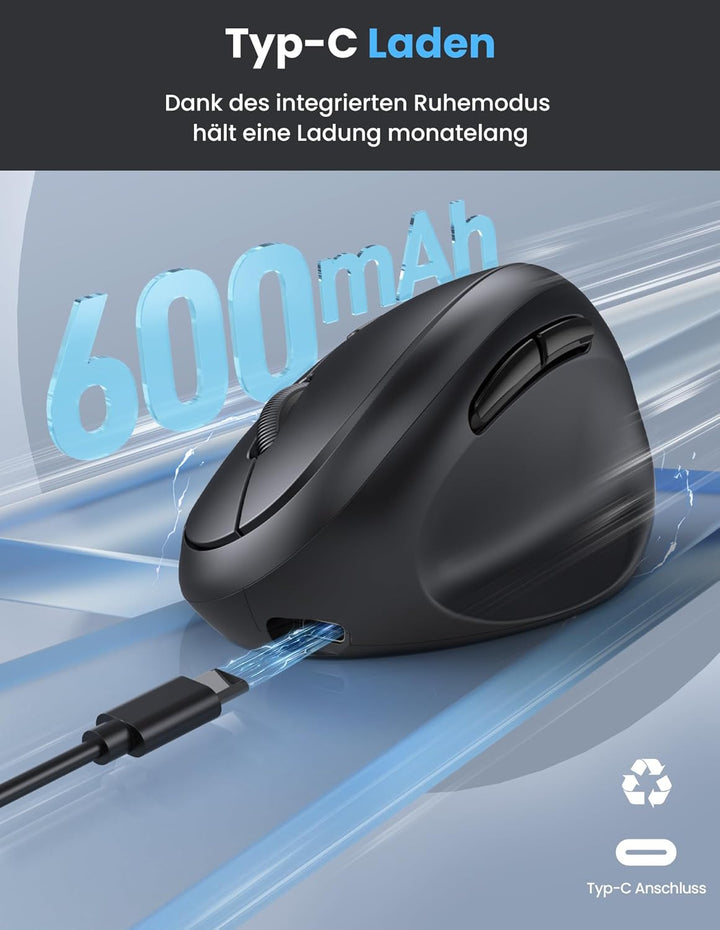 TECKNET Ergonomische Maus Bluetooth, Wiederaufladbar Maus Kabellos mit 3 Gerät (BT 5.0/3.0 + 2.4G),