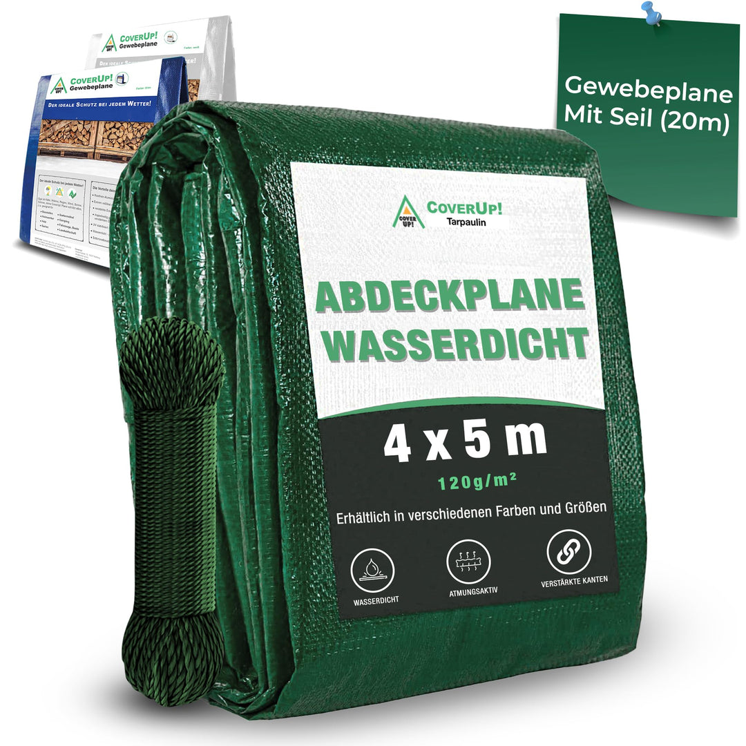 CoverUp! (4x5 m) Gewebeplane - Farbe: Grün, 120g/m² - Beständigkeit durch verstärkte Gummiecken &amp; ro