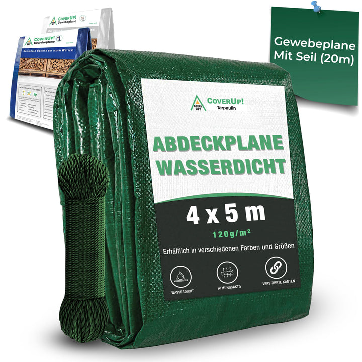 CoverUp! (4x5 m) Gewebeplane - Farbe: Grün, 120g/m² - Beständigkeit durch verstärkte Gummiecken &amp; ro