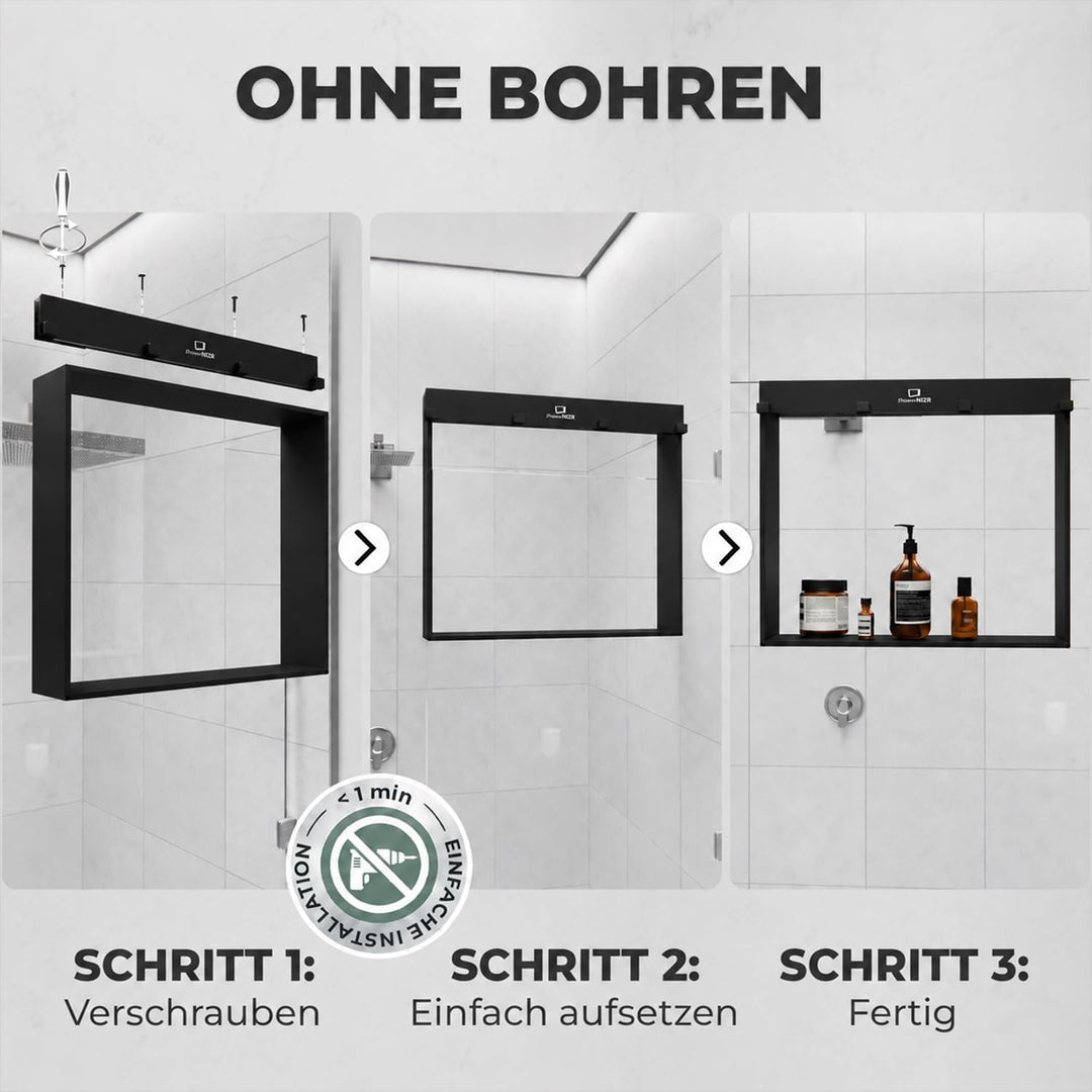 ShowerNIZR Duschregal Schwarz - Duschablage ohne Bohren für Duschwand zum Hängen aus Edelstahl mit 4