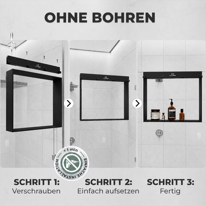 ShowerNIZR Duschregal Schwarz - Duschablage ohne Bohren für Duschwand zum Hängen aus Edelstahl mit 4