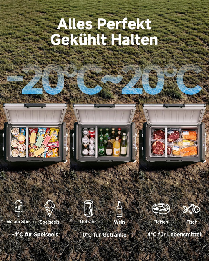 AAOBOSI 45L Kompressor Kühlbox Dual Zone bis -20℃，Edelstahlgehäuse &amp; Aluminium-Innenausstattung，12/2