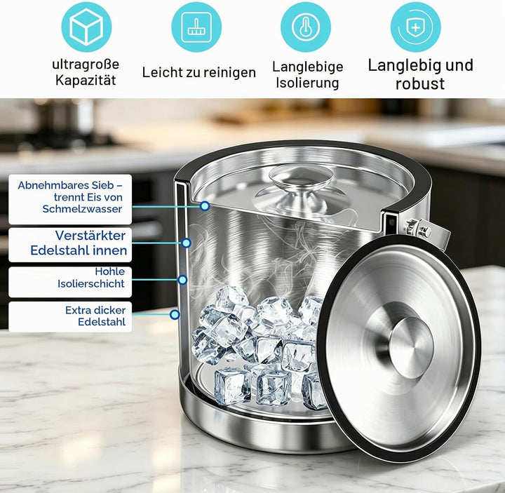 Eiswürfelbehälter mit Deckel, Sieb und Zange, Edelstahl Eiskübel Doppelwandiger Isolierter Eisbehält
