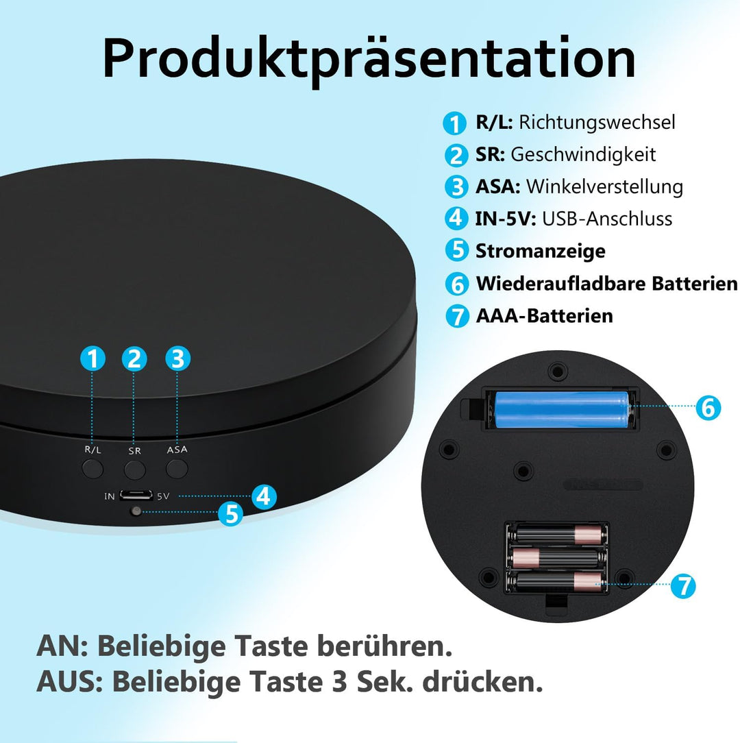 Mcbazel 360-Grad-Drehständer für Fotografie 360°, Elektrisch Drehbarer Drehteller 3KG, Motorisierter