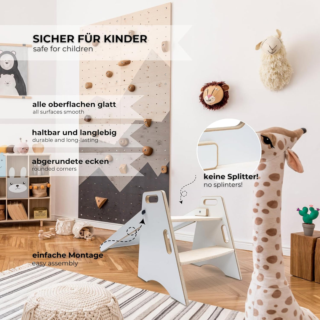 MAMOI Kinder Indoor Rutsche – 2-in-1 Holzrutsche & Tritthocker | Montessori Kinderrutsche & Küchenhe