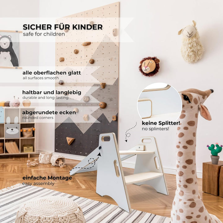 MAMOI Kinder Indoor Rutsche – 2-in-1 Holzrutsche & Tritthocker | Montessori Kinderrutsche & Küchenhe