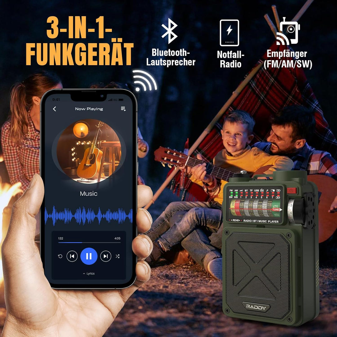 Raddy RE40 Kurzwellenradio FM-AM-SW Empfänger, 4000mAh Retro Radio Batteriebetrieben BT Lautsprecher