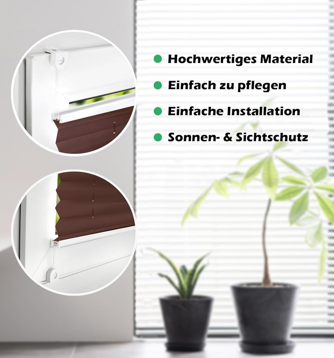 DomDeco Plissee 50x220cm Braun mit weiss lackierten Alu-Profilen, KlemmFix-Halterung zur Montage ohn