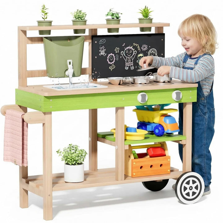 MAMIZO Matschküche Kinder Outdoor aus Holz, Tannenholz, mit Rädern Wassertank Spüle Wasserhahn Pflan