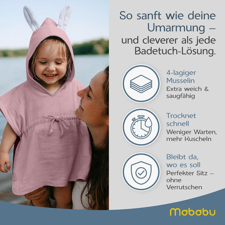 Badeponcho Baby &amp; Kinder EXTRA weich (100% Bio-Baumwolle) | Kinder Badeponcho 1-7 Jahre| Handtuch Po