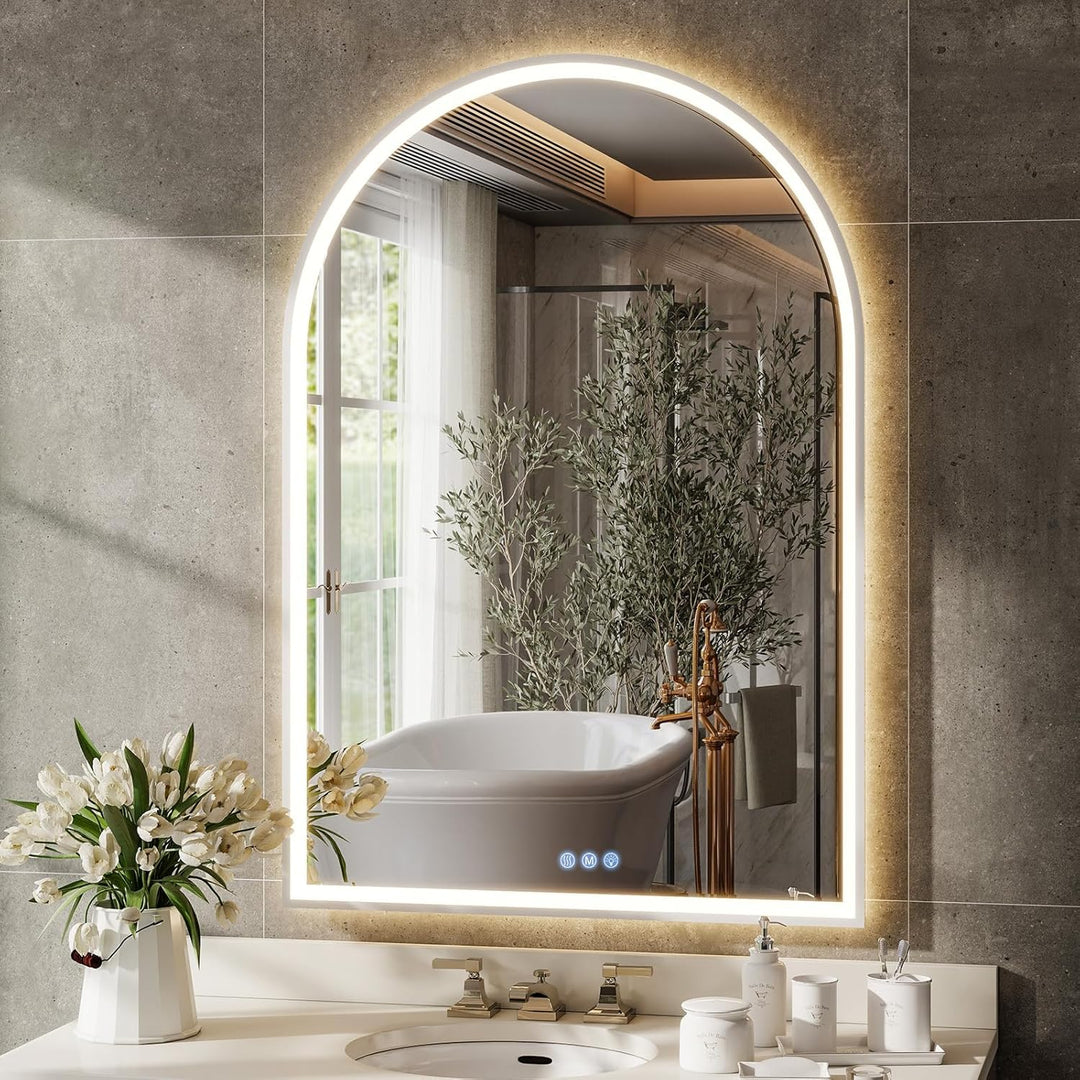 Koonmi 100 x 75cm LED Badezimmerspiegel mit Hintergrundbeleuchtung, gewölbter Kosmetikspiegel mit An