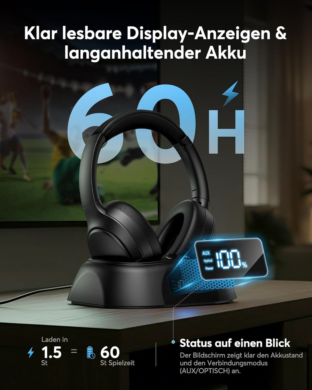 Doohoeek Kabellose TV Kopfhörer Bluetooth 6.0, Over-Ear Funkkopfhörer mit Ladestation&Digital Displa