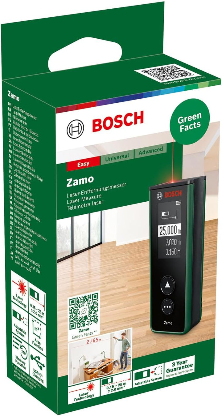Bosch Laser-Entfernungsmesser Zamo der 4. Generation (einfaches und präzises Messen bis 25 m, Akkus