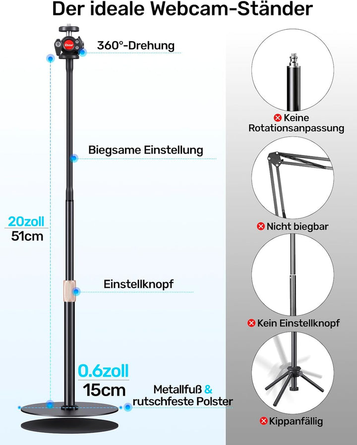Webcam-Stativ für Schreibtisch, verbessertes Gänsehals-Webcam-Tripod & 360°-Drehkopf mit 1/4"-Gewind