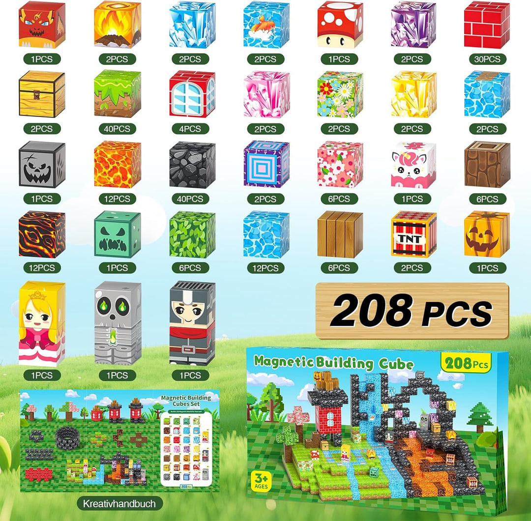 Magnetische Bausteine Kinder ab 3-9 Jahren, 208PCS Magnet Würfel Set | Upgrade-Magnet-Set, 208 Teile