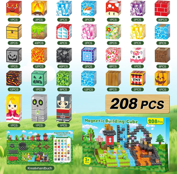 Magnetische Bausteine Kinder ab 3-9 Jahren, 208PCS Magnet Würfel Set | Upgrade-Magnet-Set, 208 Teile