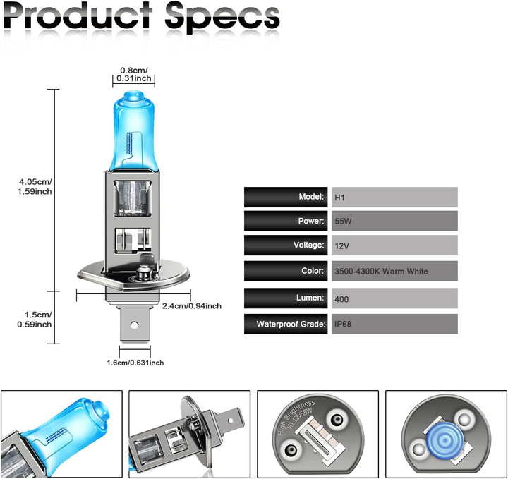 TECTICO H1 P14.5s Fernlicht Halogen Birne 12V 55W Warmweiss +130% Ultra Heller Abblendlicht Nebelsch