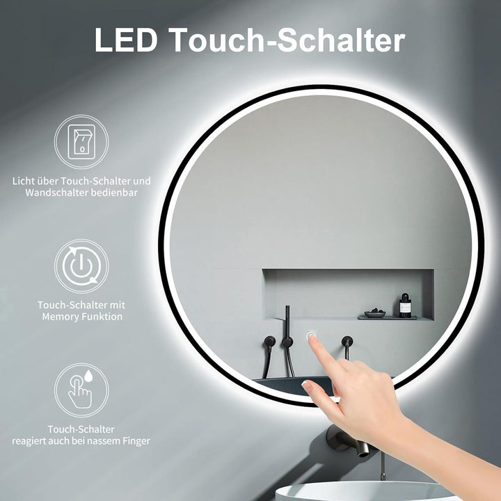60cm Badspiegel mit Beleuchtung Rund Schwarz Metall, Badezimmer Runder Spiegel mit Licht, mit Touch-