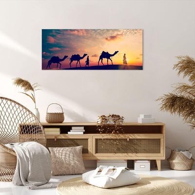 Wandbilder Dekoration Wohnzimmer Kamel Wohnwagen Panorama Bilder auf Leinwand 120x50cm Leinwandbild