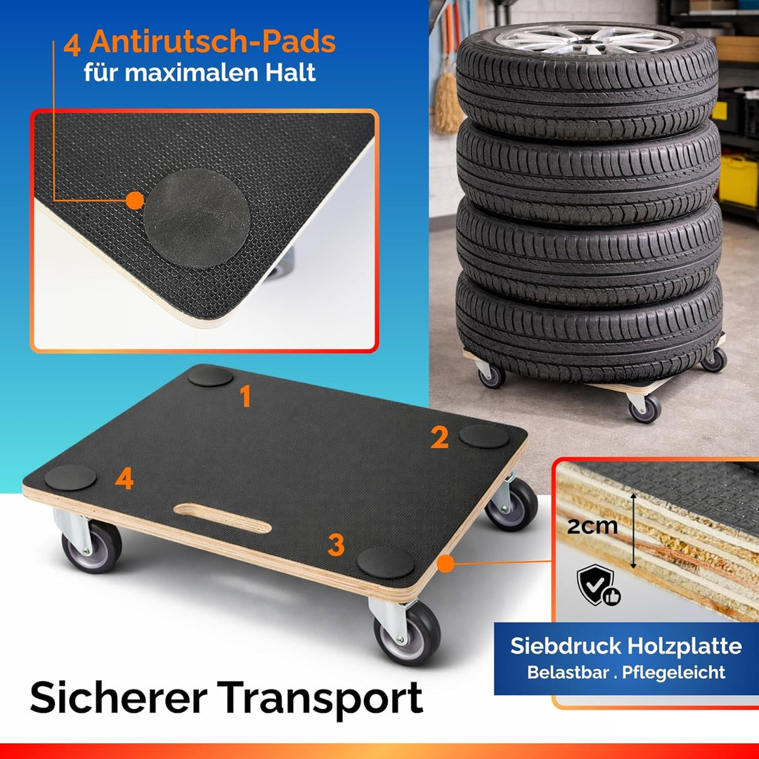 PROREGAL Profi Transportroller HERCULES 50x50 cm Schwerlast bis 150 kg mit 4 Gummirollen & Griff, Si