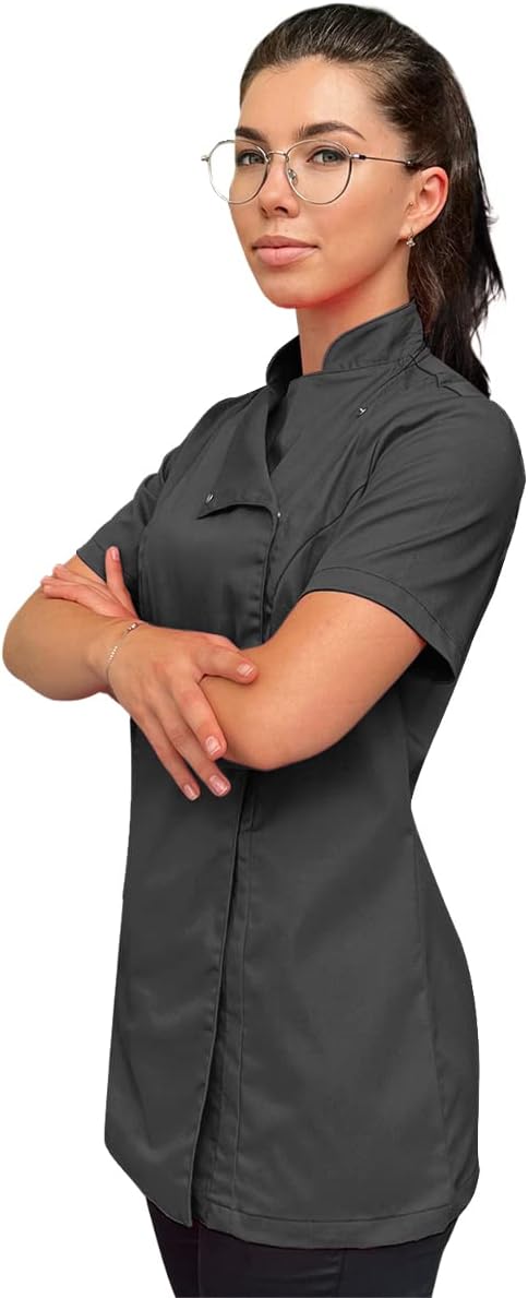strongAnt Kochjacke Damen kurzarm Stretch mit Druckknöpfen oder Reissverschluss Kochuniform L Grau S