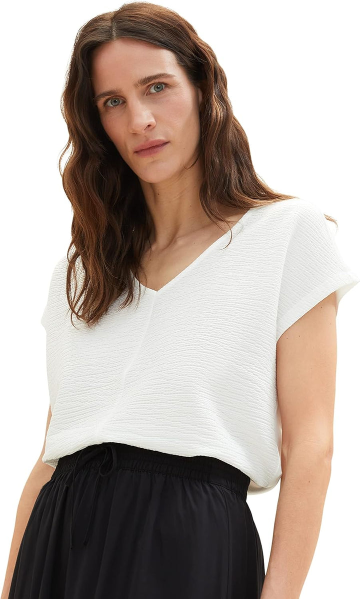 TOM TAILOR Damen Basic T-Shirt im Material-Mix S 10315 - Whisper White, S 10315 - Whisper White