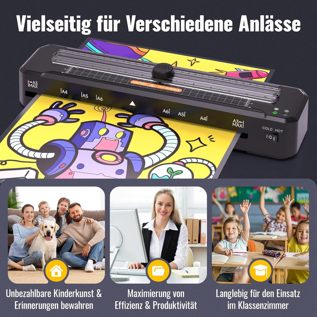 Laminiergerät A3 für A3 A4 A5 A6 A7 mit 50 Laminierfolien, Heiss und Kalt Laminiermaschinen mit Papi