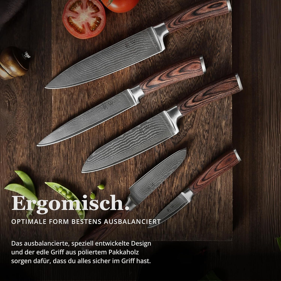 Wakoli EDIB 5er Damastmesser-Set mit magnetischem Messerblock, Klingenlängen von 8,5cm bis 20cm aus