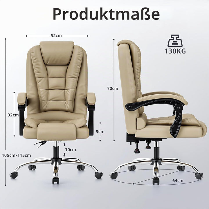 rattantree Bürostuhl Chefsessel Ergonomisch, PU-Leder Bürosessel Khaki Khaki Keine Pedale, Khaki Kei