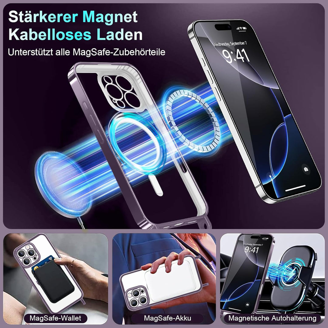 Handyband für iPhone 16 Pro Hülle mit Band + 2 Stück Glas Schutzfolie Transparent Silikon Handyhülle