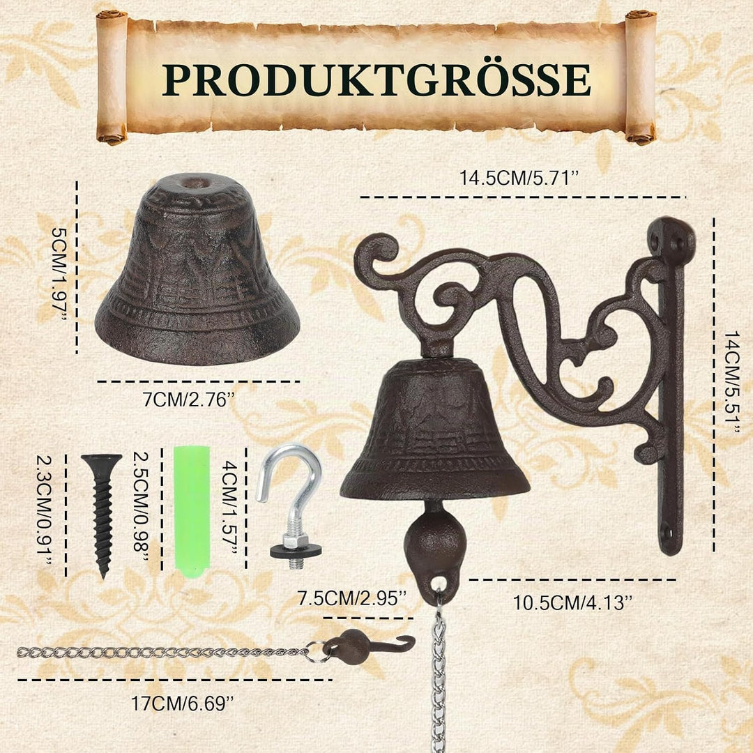 Türglocke Gusseisen, Gartenglocke mit Kordel, Antikes Design, Haustür Wandglocke, Gartendeko, Outdoo