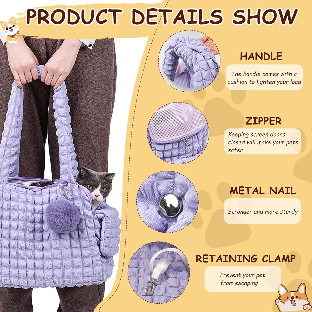 Weiche Tragetaschen für Katzen, modische Luftpolstertasche, Gesteppte Handtasche mit flauschigem Bal