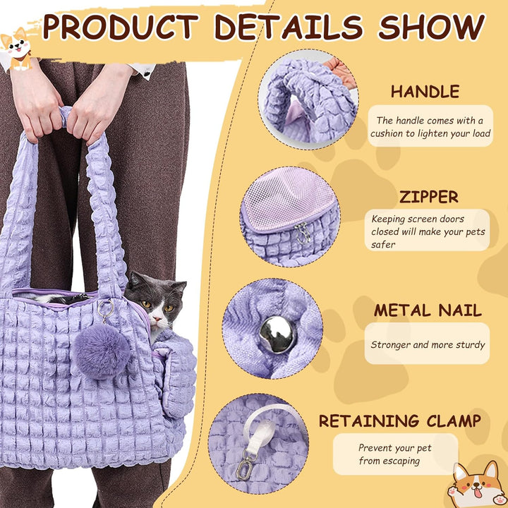 Weiche Tragetaschen für Katzen, modische Luftpolstertasche, Gesteppte Handtasche mit flauschigem Bal