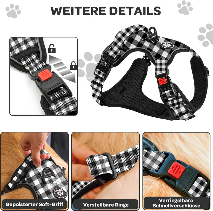 Furryfection Zugfreies Hundegeschirr Reflektierend Plaid Schwarz Grösse S | Strapazierfähiges Oxford