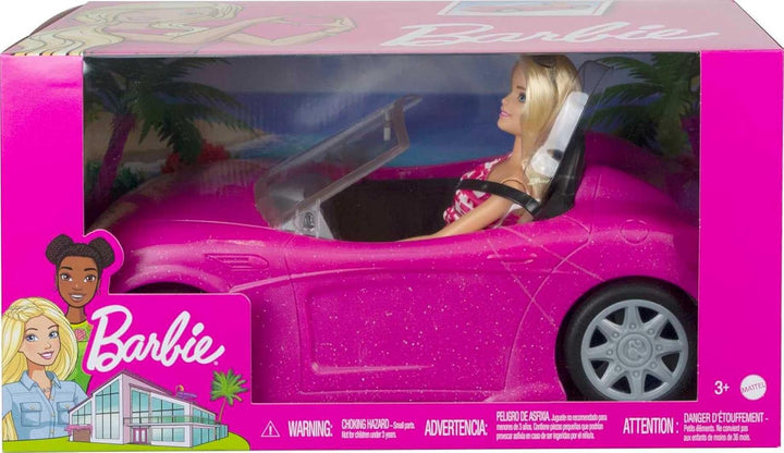 Barbie Puppe und Cabrio in rosa mit Glitzer, realistische Reifen und Barbie Logo, Spielzeug ab 3 Jah