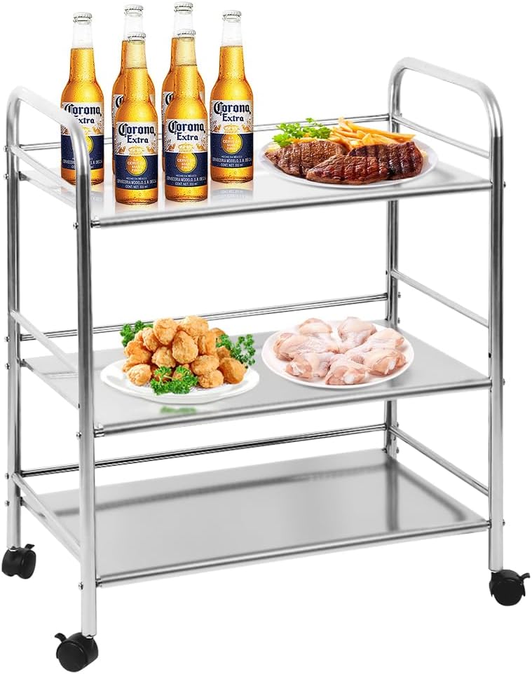 Kedia 3 Regale mit Rollen Edelstahl Küchenwagen mit Rollen Multifunktions Servierwagen (61 x 36 x 75