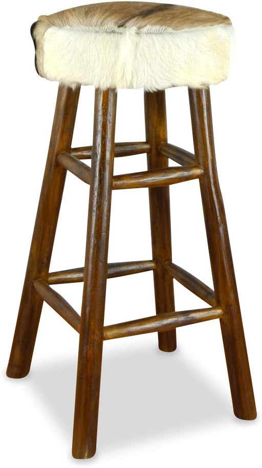 livasia Ziegenfell Barhocker mit Teakholz, Barhocker aus Java, Thekenhocker, Fellbarhocker (Ziegenfe