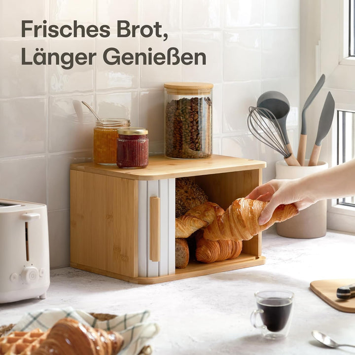 Praknu Brotkasten klein aus FSC® Holz mit Schiebetür - Brotaufbewahrung 33x23cm - Platzsparend und s