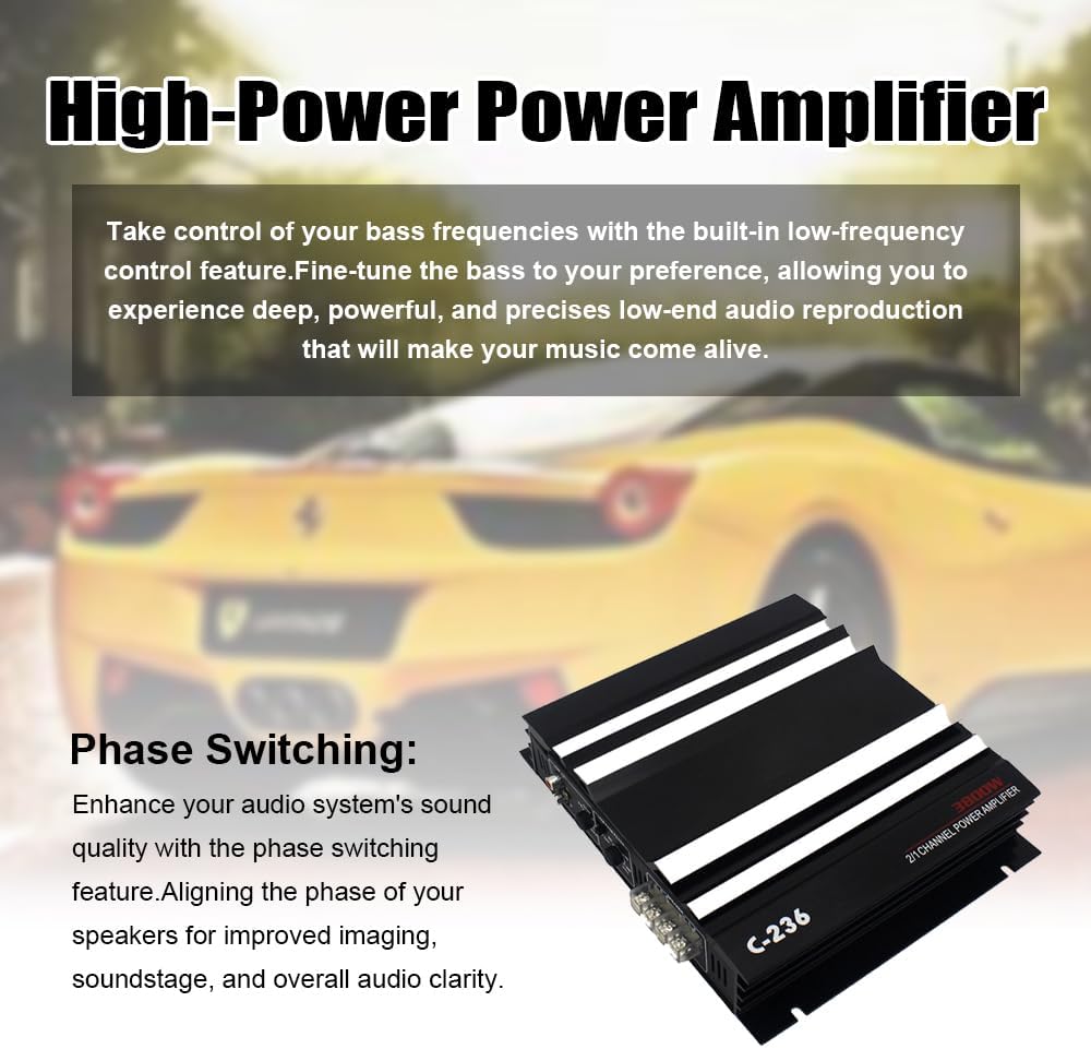 Shkalacar 2 Kanal Car Audio Mini Verstärker, 3800W Stereo Verstärker mit Niederfrequenzsteuerung, Ph