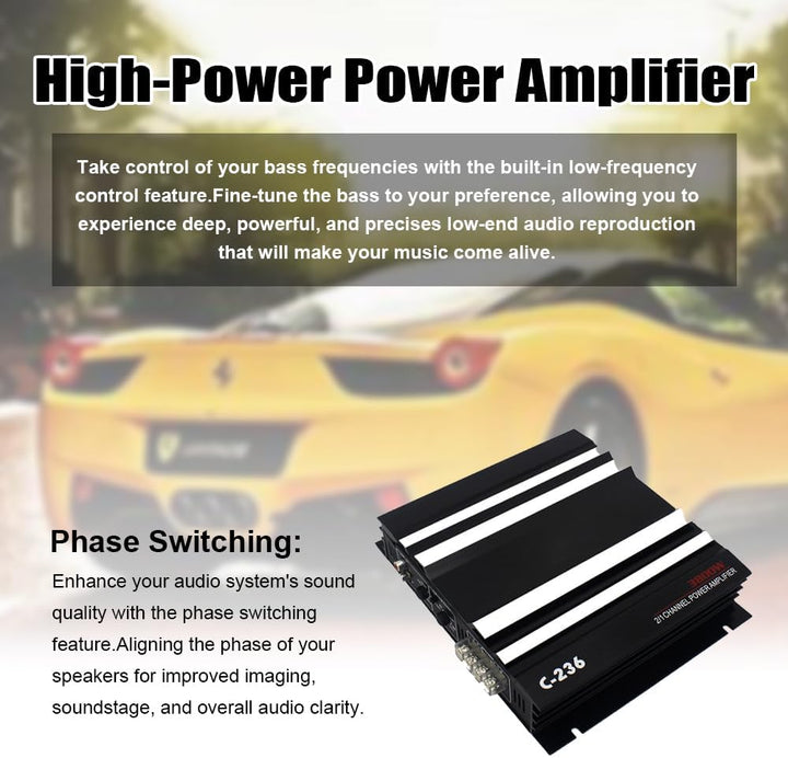 Shkalacar 2 Kanal Car Audio Mini Verstärker, 3800W Stereo Verstärker mit Niederfrequenzsteuerung, Ph