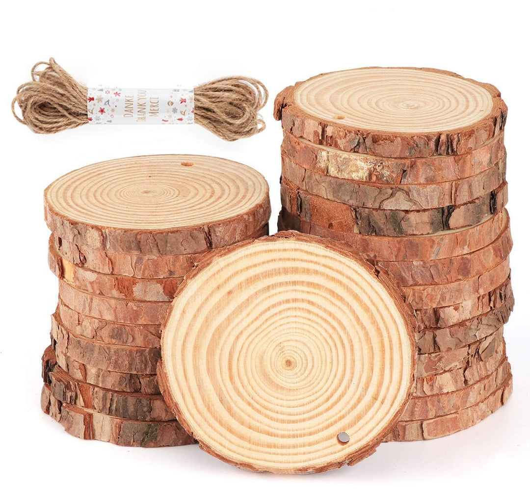 ilauke Holzscheiben 30 Stücke Holz Log Scheiben 8-9cm mit Loch und 10 mt Jute Seil Naturholzscheiben