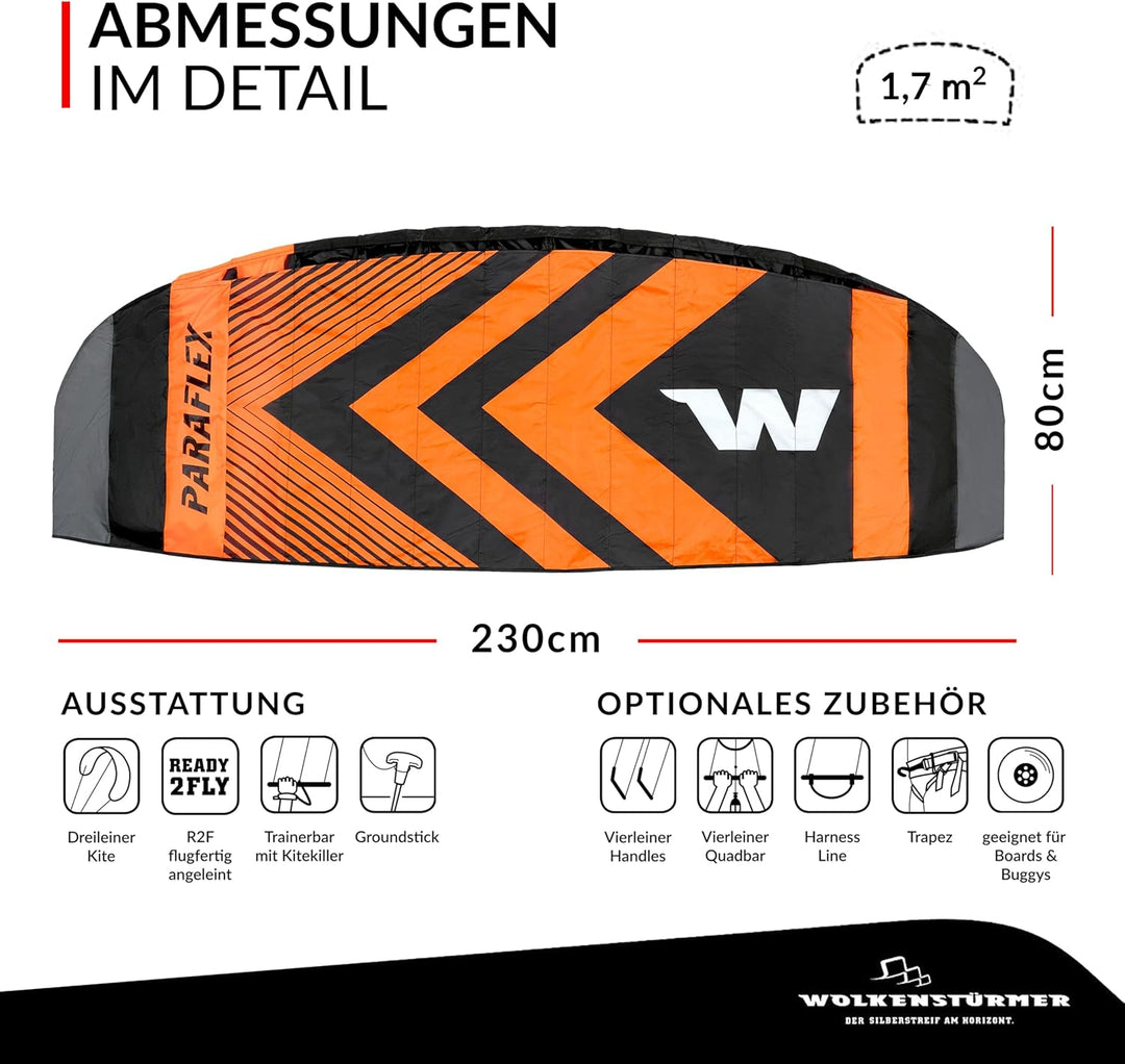 Wolkenstürmer® Paraflex Trainer 3-Leiner Lenkmatte 2.3 schwarz/orange - „Ready to Fly“ Kite Drachen