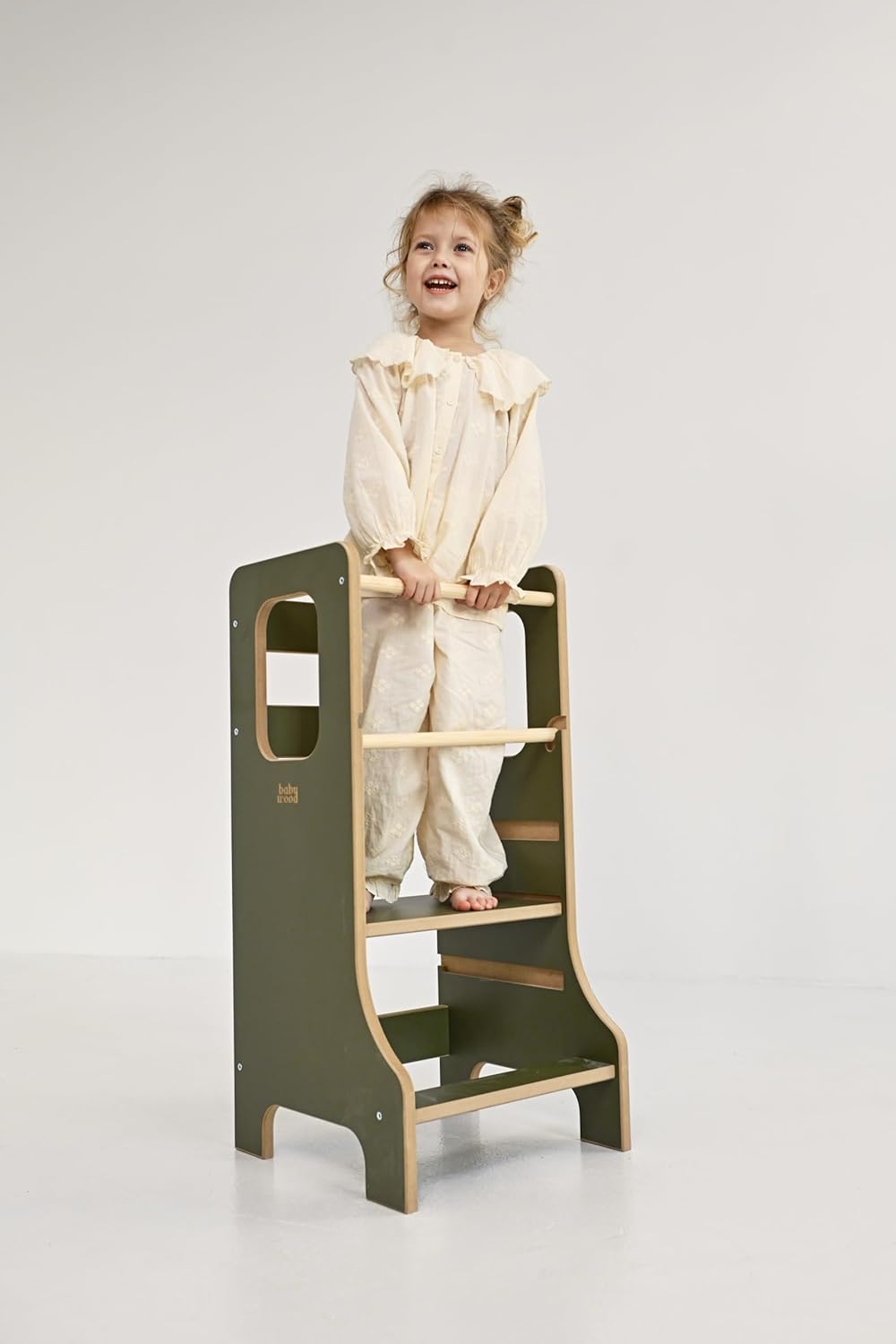 Kindersicherer Lernturm Oliv | Verstellbarer Montessori-Küchenhelfer | Montessori grün Küchenhelfer