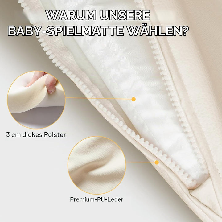 Leder Krabbelmatte Baby 125x125x3cm Beige: Extra Dicke Spielmatte für Baby &amp; Kinder - Weich &amp; Wasser