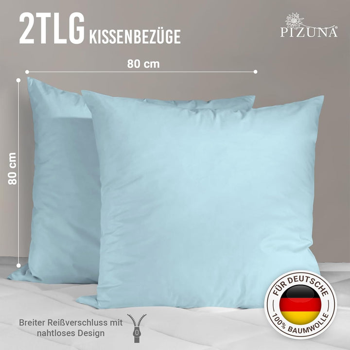 Pizuna Luxuriöser Soft-Satin 2er Pack Kissenbezug 80 x 80 cm Baby blau, 600 Fadenzahl Baumwolle Kiss