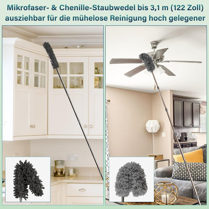 marysgift Staubwedel Teleskop Set, Staubwedel Lang Ausziehbar 310 cm, Staubwedel Waschbar mit 7×43 c